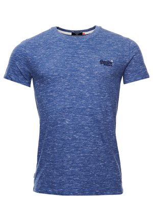 Blau meliertes T-Shirt mit kurzen Ärmeln, Rundhalsausschnitt und kleinem Superdry-Logo auf der linken Brust.