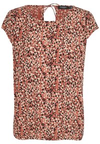 Kukkakuvioitu pusero korallin sävyssä, lyhyillä hihoilla ja pyöreällä kaula-aukolla. Takana on avainreikäyksityiskohta, ja materiaali on pehmeä ja kevyt.