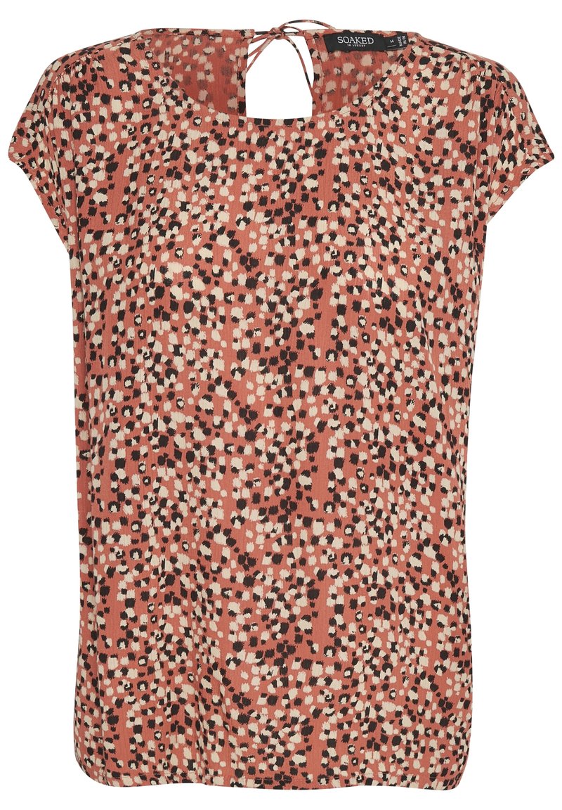 Kukkakuvioitu pusero korallin sävyssä, lyhyillä hihoilla ja pyöreällä kaula-aukolla. Takana on avainreikäyksityiskohta, ja materiaali on pehmeä ja kevyt.