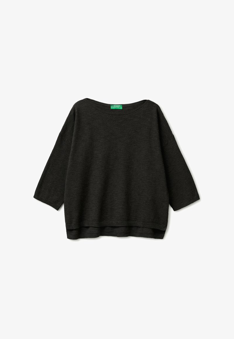 Pull noir texturé à manches longues avec un large col rond et une coupe ample, posé à plat sur un fond blanc.