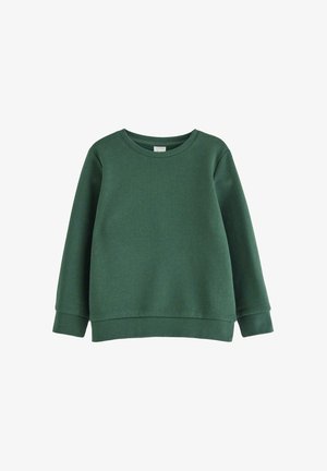 Green cotton pullover with a round neck, ribbed cuffs, and hem. Smooth texture, relaxed fit, and long sleeves. No patterns or accents.