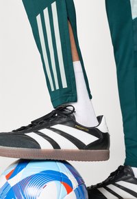 Juoda ir balta futbolo bateliai su užrašu „Predator“, padėti ant spalvingo kamuolio, kartu su turkio spalvos kelnėmis, puoštomis trimis vertikaliomis juostomis.