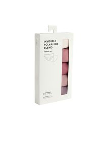 Pak van vijf ademende, sneldrogende hipster onderbroeken van een polyamide mix in verschillende tinten roze, verpakt in een witte doos met een doorzichtig venster.