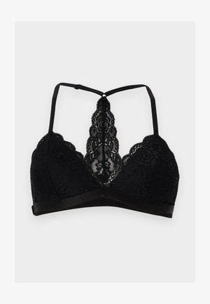 Fekete csipke bralette finom virágmintákkal, vékony állítható vállpántokkal és versenyhátra emlékeztető csipkedíszítéssel, egyszínű világos háttéren.