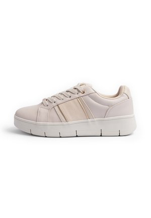 Light pink sneaker with a smooth synthetic upper, textured side panels, and a chunky white sole. Features lace closure and gold accents.