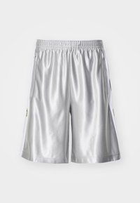 Silverfärgade träningsshorts med elastisk midja, dragkedjefickor på sidorna och en vit rand på varje sida mot en vit bakgrund.