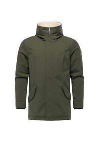 Olijfgroene hoodie met een rits aan de voorkant, twee zijzakken en een gevoerde kraag. Glad materiaal met een gestructureerd ontwerp en aansluitende mouwen.