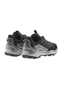 Schwarz-graue Sportschuhe mit einer strukturierten Oberseite, verstärkter Ferse, flexiblem Sohlenmaterial und profiliertem Laufsohlenprofil für besseren Halt.