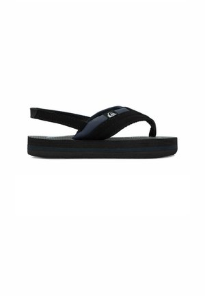 Czarno-granatowa, casualowa sandałka typu flip-flop z paskiem z tyłu i miękką, teksturowaną podeszwą, pokazana z boku na białym tle.