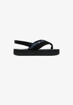 Czarno-granatowa, casualowa sandałka typu flip-flop z paskiem z tyłu i miękką, teksturowaną podeszwą, pokazana z boku na białym tle.