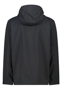 Black hooded jacket with a smooth, matte finish. Features stitched seams and a relaxed fit with long sleeves. Back view only.