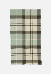 Fular cu model în carouri, având culori de albastru deschis, alb și verde închis, realizat dintr-un material moale, cu margini franjurate și un model clasic în carouri.