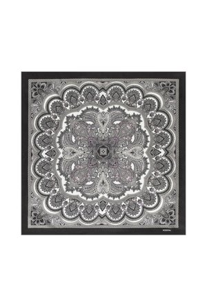 Square scarf with intricate symmetrical paisley and floral patterns in black, white, and grey tones with a dark border.