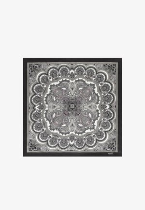 Square scarf with intricate symmetrical paisley and floral patterns in black, white, and grey tones with a dark border.