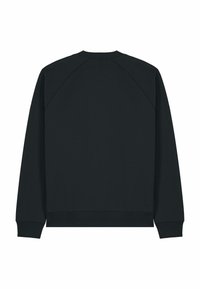 Felpa nera con maniche raglan lunghe, collo rotondo, polsini e orlo a coste. Texture liscia, senza motivi o loghi visibili.