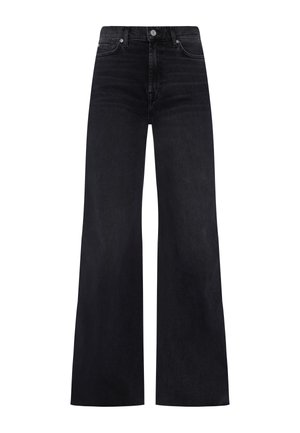 Pantaloni in denim nero a gamba larga con vita alta, caratterizzati da un classico design a cinque tasche e hardware in tono argento. Tessuto liscio e minima scoloritura.