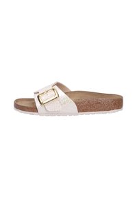 Sandale à bout ouvert avec semelle en liège, sangle texturée beige et grande boucle en or sur le côté, vue du côté extérieur.