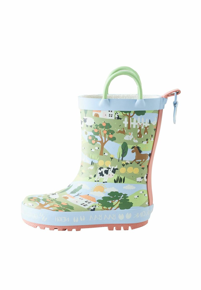 Bērnu gumijas lietus zābaki ar zaļu ainavas rakstu, kurā attēloti dzīvnieki un koki. Akcenti gaiši zilā un rozā krāsā; mīksti rokturi ērtai satveršanai.