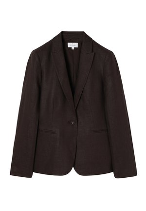 Blazer sartoriale marrone scuro con un solo bottone, rever con tacca e due tasche frontali a fessura, taglia 36.