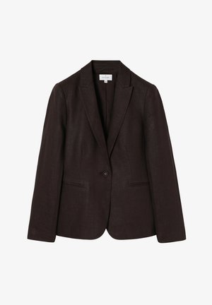 Sacou maro închis, croit, cu un singur nasture, rever cu crestătură și două buzunare frontale cu tăietură, mărimea 36.