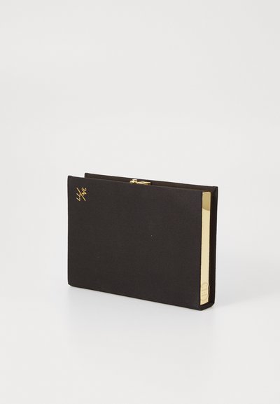 Black rectangular clutch with gold edges, small gold clasp on top, and gold numbering "34/777" on front corner.