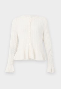 Weißer Strick-Cardigan mit langen Ärmeln, Rundhalsausschnitt, Knopfverschluss, Schößchen und Rüschensäumen.