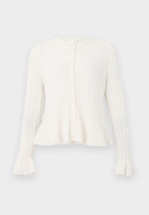 Hvit kabelstrikket langermet cardigan med rund hals, knappelukking, peplumkant og volangmansjetter.