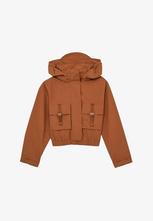 Brown cropped jacket with a hood, two front pockets, elastic waist, and a smooth texture. Designed with a clean, minimal aesthetic.