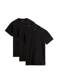 Three black short-sleeve t-shirts made of cotton, featuring a crew neck and straight cut with no visible patterns or accents.