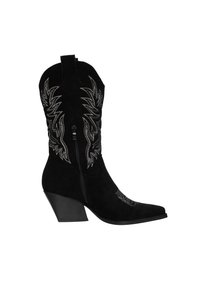 Botas de vaquero de ante negras con punteras afiladas, cierre de cremallera y patrones florales plateados bordados en el caña. Diseño de tacón grueso.