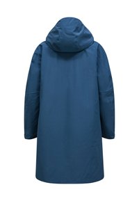 Lange, capuchonjas in donkerblauw van een gladde, lichte stof. Heeft een losvallende fit met verlaagde schouders en lange mouwen.