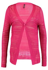 Roze gebreid vest met lange mouwen, open voorkant, structuurpatroon, een enkele knoopsluiting en geribbelde boorden en zoom.
