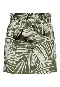 Pantaloni verdi realizzati in tessuto con stampa di foglie di palma bianche. Presentano una vita arricciata e un nastro decorativo nella parte anteriore.