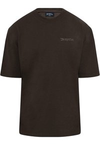 Brown cotton t-shirt with a crew neck, short sleeves, and a small "DropSize" logo embroidered in light color on the chest.