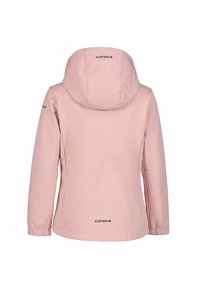 Rosa wasserdichte Jacke mit Kapuze, elastischen Bündchen und geradem Saum. Auf der Rückseite und den Ärmeln befindet sich der Markenname „ICEPEAK“. 