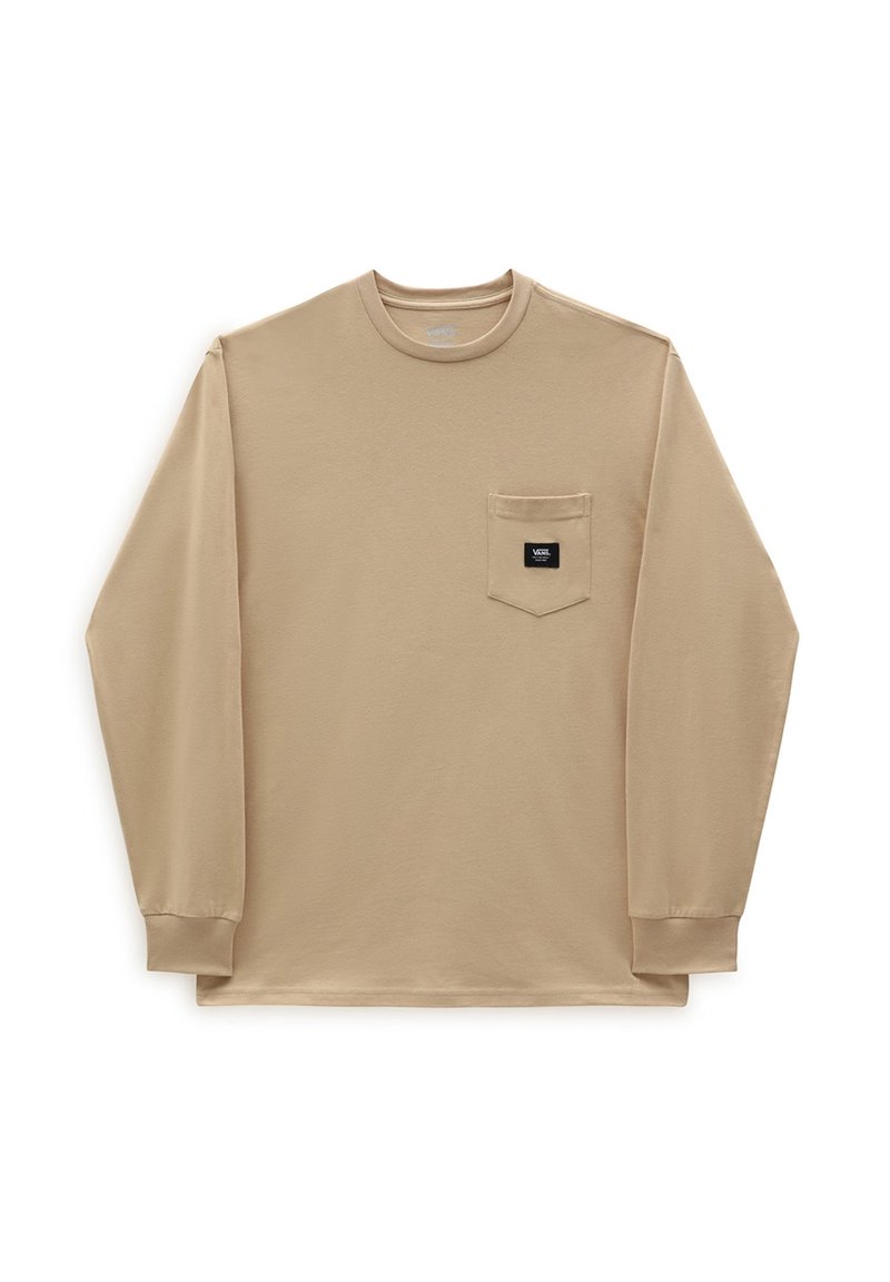Beige langærmet crewneck skjorte med brystlomme, der har et lille sort rektangulært Vans logo patch.