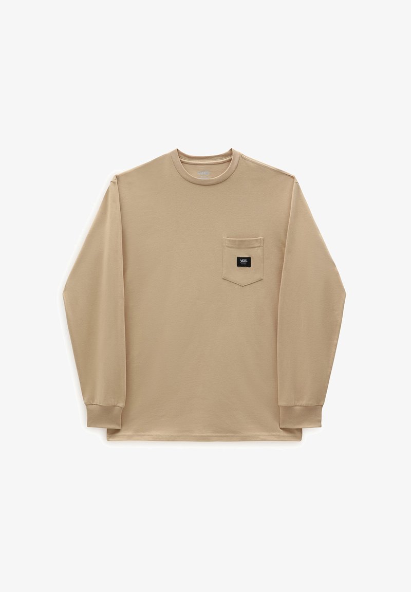 Beige langærmet crewneck skjorte med brystlomme, der har et lille sort rektangulært Vans logo patch.