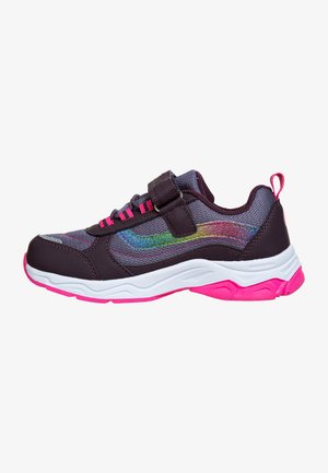 Sportliche Schuhe mit einem dunkelpurpurfarbenen synthetischen Obermaterial, rosa Akzenten und einem Klettverschluss. Ausgestattet mit einer weißen und rosa Gummisohle mit strukturiertem Profil.