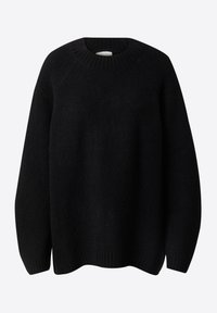 Black knit sweater with a round neckline, ribbed cuffs and hem, and a loose silhouette. Soft texture and medium thickness.