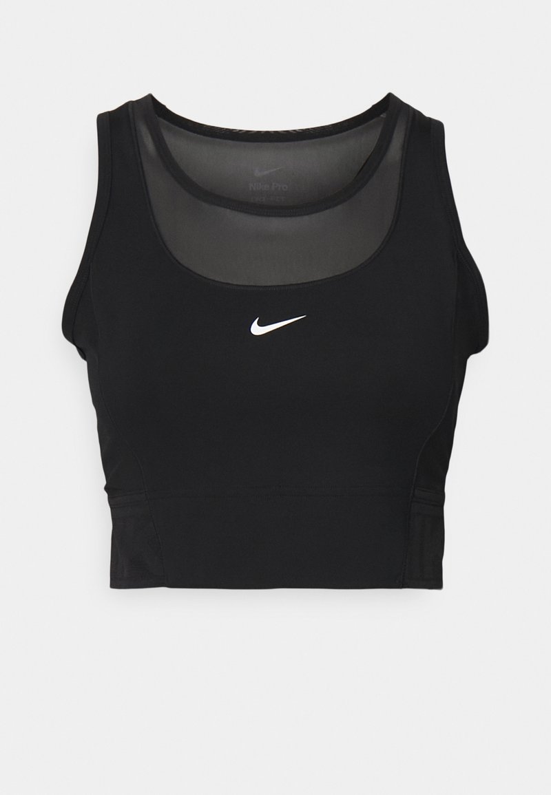 Crop top de sport noir avec un col rond et des panneaux transparents. Présente le logo Nike en blanc au centre et un design ajusté.