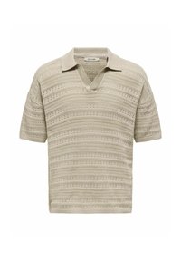 Lichtbeige gebreide polo shirt met korte mouwen, voorzien van een V-hals en textuurstrepen door de stof. Lichtgewicht en ademend ontwerp.