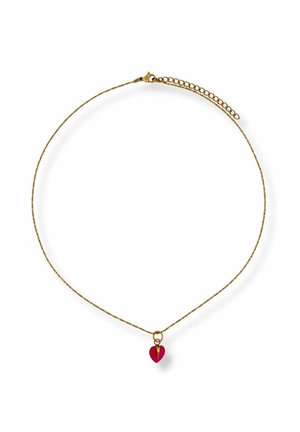 Zarte goldene Halskette mit einem kleinen roten herzförmigen Anhänger in der Mitte, mit verstellbarem Verschluss.