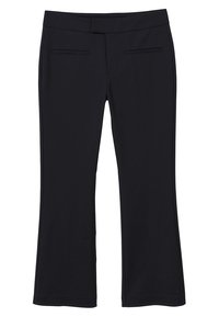 Pantaloni neri a zampa d'elefante realizzati in tessuto liscio. Presentano una vita piatta, due tasche anteriori e una linea pulita senza decorazioni.