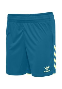 Blue athletic shorts with elastic waistband, yellow chevron stripes on side, and yellow hummel bee logo on lower front leg.