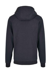 Pullover hoodie i mørk marineblå. Har en stor hætte, lange ærmer, ribbede manchetter og kant. Glat tekstur, uden mønstre eller udsmykninger.