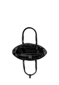 Borsa a tracolla nera in pelle con due manici, chiusura a zip, interno foderato in tessuto, molteplici scomparti e superficie liscia.