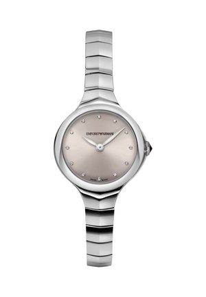 Montre-bracelet Emporio Armani en acier inoxydable argenté avec un cadran beige minimaliste et des index en cristal.