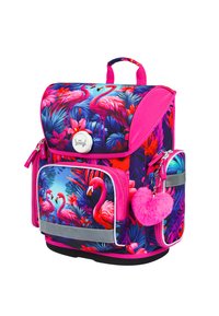 Barevný batoh s designem plameňáka a květin v růžové, fialové a modré barvě. Obsahuje načechrané srdíčko jako přívěsek a reflexní detaily.
