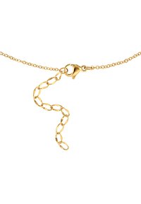 Goldfarbener Kettenanhänger mit verflochtenen ovalen Segmenten und einem Karabinerhaken. Verfügt über ein fließendes Design und eine glatte Textur.