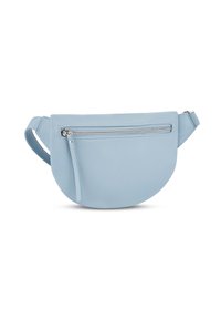 Borsa in pelle azzurro chiaro a vita con forma arrotondata, tasca anteriore con zip e tracolla regolabile. Texture liscia con hardware della zip in tono argentato.